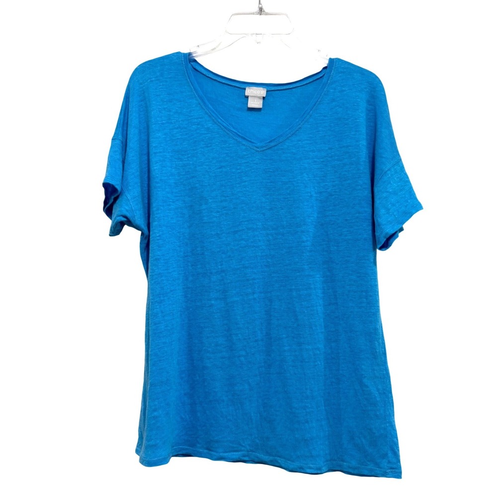 Chicos 100% Linen V-Neck Tee Turquoise Blue Short Sleeve Top Size 1 US Medium